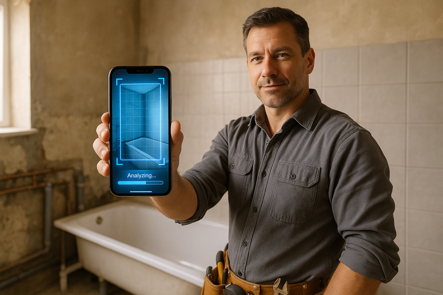 Contractor scanning bathroom renovation with AI estimator app